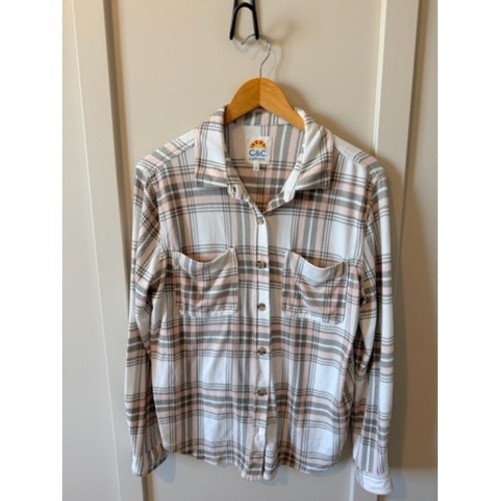 C&C California Womens Plaid Button Down Shirt Pink White Grey‎ Size L spring